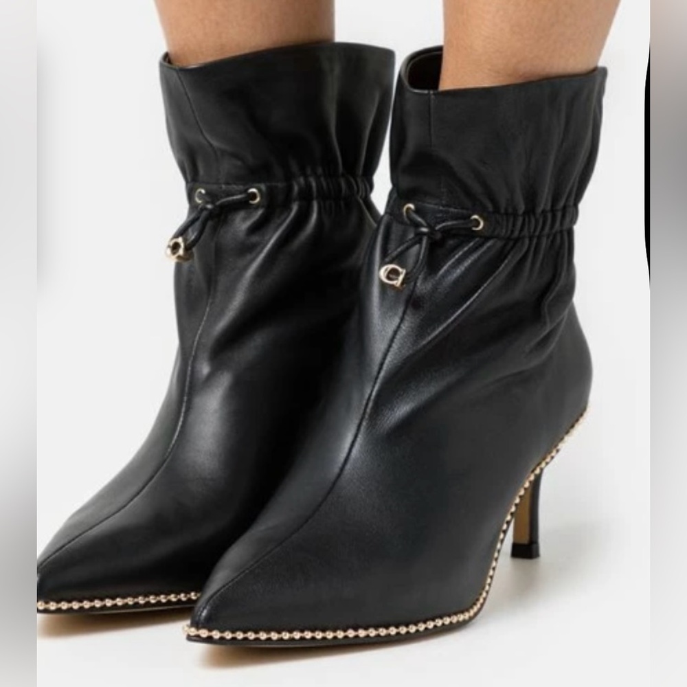Coach Black Leather Pointed Toe Ankle Booties with Gold Trim